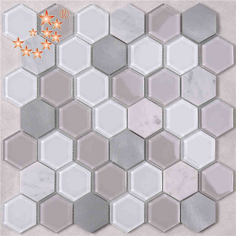 Thiết kế mới nhất Nhà bếp và phòng tắm Trang trí nội thất Waterjet Hexagon Kim loại Kính pha trộn Sàn đá cẩm thạch