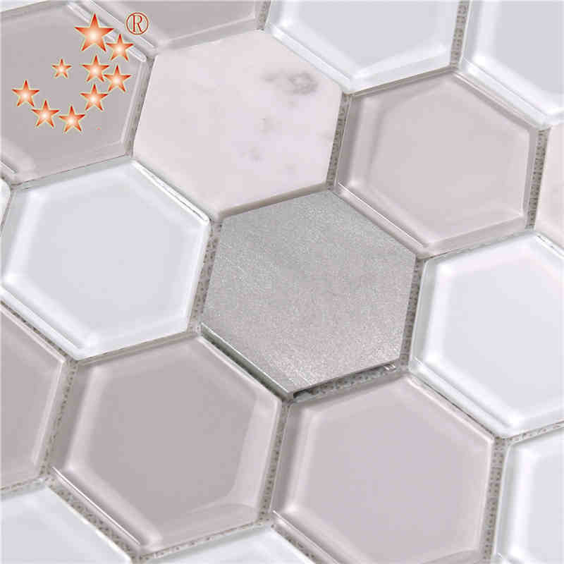 Thiết kế mới nhất Nhà bếp và phòng tắm Trang trí nội thất Waterjet Hexagon Kim loại Kính pha trộn Sàn đá cẩm thạch