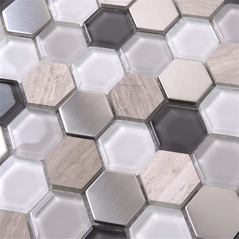 Bán nóng hỗn hợp đá cẩm thạch kim loại Hexagon Glass khảm cho trang trí nội thất