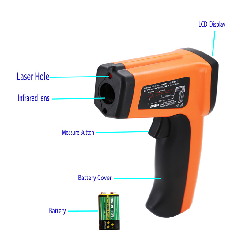 Nhiệt độ súng nhiệt kế hồng ngoại Công cụ kỹ thuật số cầm tay với Laser Hiển thị chính xác pin