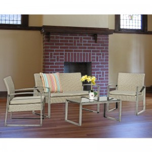 Bộ đồ chơi ngoài trời 4 mảnh Bộ sân vườn Bể bơi Mây Mây Wicker Loveseat Sofa Ghế đệm \u0026 Bàn kính Bàn cà phê Bộ bàn ghế