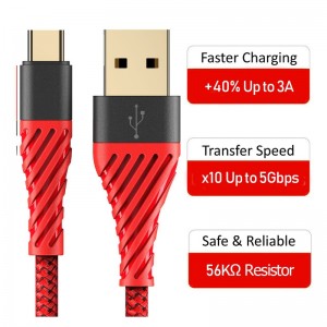 Cáp USB C 3.0, Cáp USB loại C Sạc nhanh USB cho cáp điện thoại di động cho Samsung Galaxy S8, S9 Plus, Note 8, LG v20, G6, G5, v30, Google Pixel 2 XL, Nexus 6-3 Pack Red