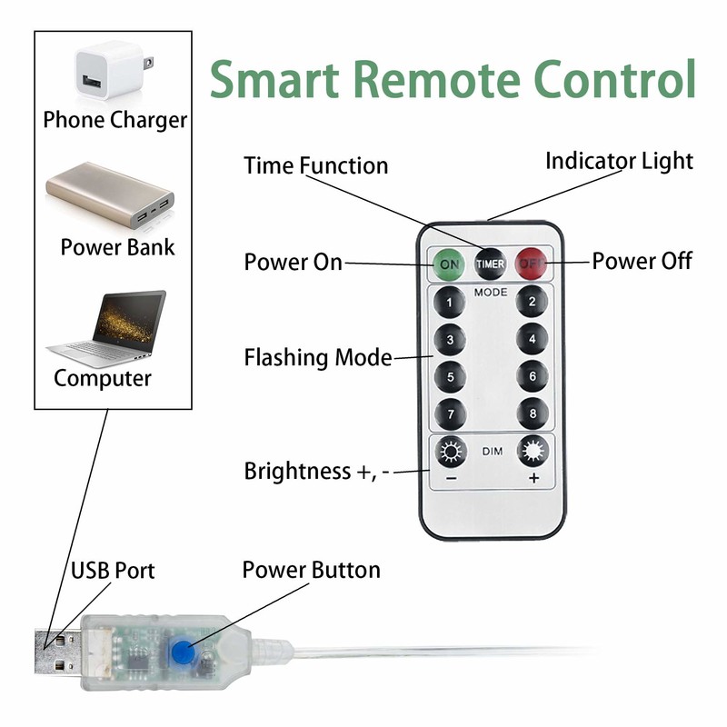 Đèn dây, Rymbo 34ft Đèn hình ngôi sao trong nhà / ngoài trời Đèn LED trắng ấm lấp lánh u0026 USB được cung cấp u0026 Cáp trong suốt u0026 Bộ chuyển đổi từ xa