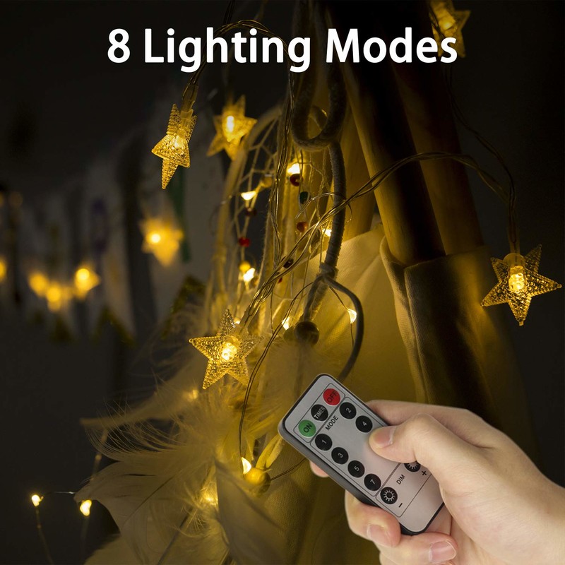 Đèn dây, Rymbo 34ft Đèn hình ngôi sao trong nhà / ngoài trời Đèn LED trắng ấm lấp lánh u0026 USB được cung cấp u0026 Cáp trong suốt u0026 Bộ chuyển đổi từ xa