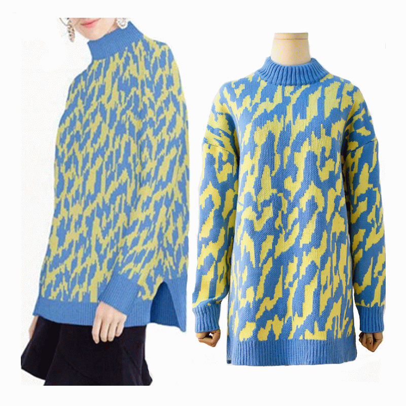 Cộng với kích thước dài cơ thể Angora Wool Wave Jacquard dày ấm đan áo len
