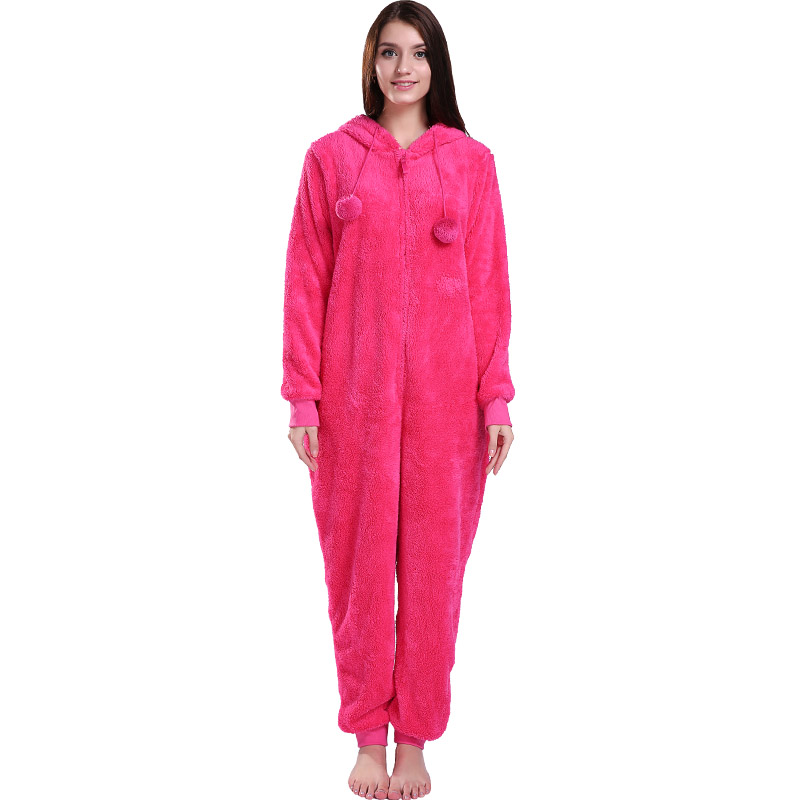 Phụ nữ Hot Pink Onesie Pyjama trùm đầu với Tai động vật