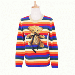 Tùy chỉnh ODM Teddy Bear Intarsia Rainbow Strips Women Vải Áo thun