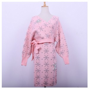 2018 ấm áp bông tuyết rhinestone Appliques Ladies Slash cardigan Dress