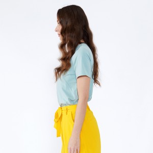 Váy mới nhất Áo thun Áo cánh rộng Lady Summer Phong cách cơ bản V Cổ Spandex Peppermint Xanh ngắn tay