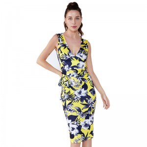 Summer Ladies Polyester Off Shoulder Thiết kế váy cổ điển Hình ảnh In hoa Phụ nữ Đảng Bondage Dress