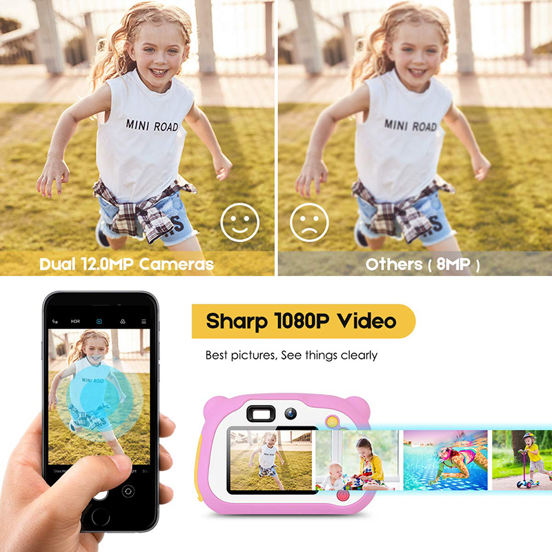 Máy ảnh trẻ em 8.0MP Máy ảnh selfie phía trước và phía sau có thể sạc lại Máy ảnh trẻ em, Quà tặng đồ chơi cho bé trai và bé gái 4-10 tuổi