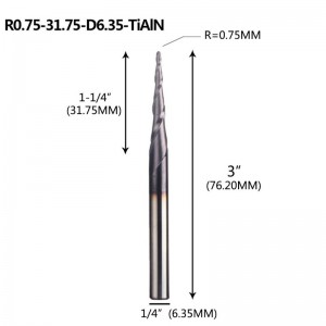 Mũi thon nhọn Mũi End Mill 1/4 X 3 inch với 0,75mm Mũi bóng 4,36 độ cho máy CNC Khắc khắc bit