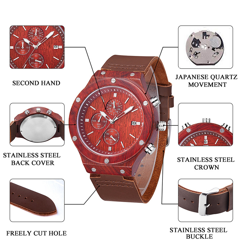 2019 New Red Soft Leather dây đeo gỗ đàn hương Đồng hồ đeo tay gỗ
