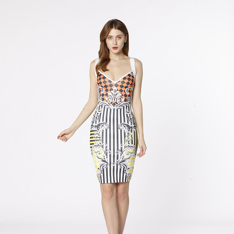 Nhà máy OEM thiết kế mới nhất thanh lịch v cổ trượt chéo in sọc gợi cảm váy đầm bodycon cho buổi tiệc câu lạc bộ buổi tối