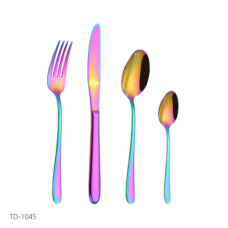 gương cao bán lẻ lridescent đầy màu sắc cắm trại bằng thép không gỉ phẳng cầu vồng bộ dao kéo