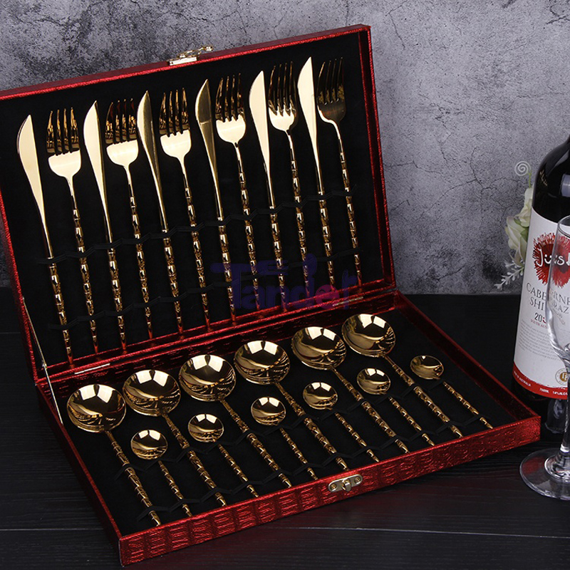 24 mảnh Flatware 304 thép không gỉ 24 chiếc dao kéo đặt hộp gỗ