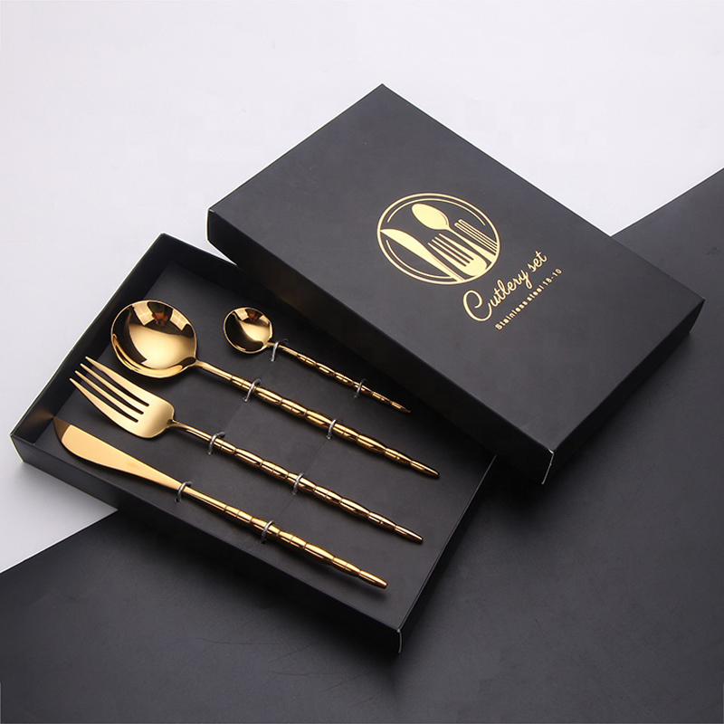 cao cấp 18\/8 gương đánh bóng hộp quà tặng bằng thép không gỉ phẳng pvd phủ vàng bữa tối hoàng gia dao kéo vàng bộ quà tặng