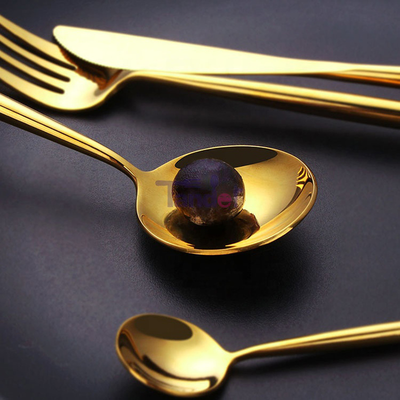 18\/8 thép không gỉ LFGB có sẵn gương cao số lượng thấp cổ phiếu phẳng dao kéo vàng