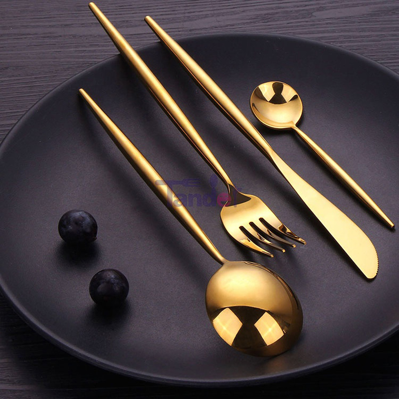 18\/8 thép không gỉ LFGB có sẵn gương cao số lượng thấp cổ phiếu phẳng dao kéo vàng