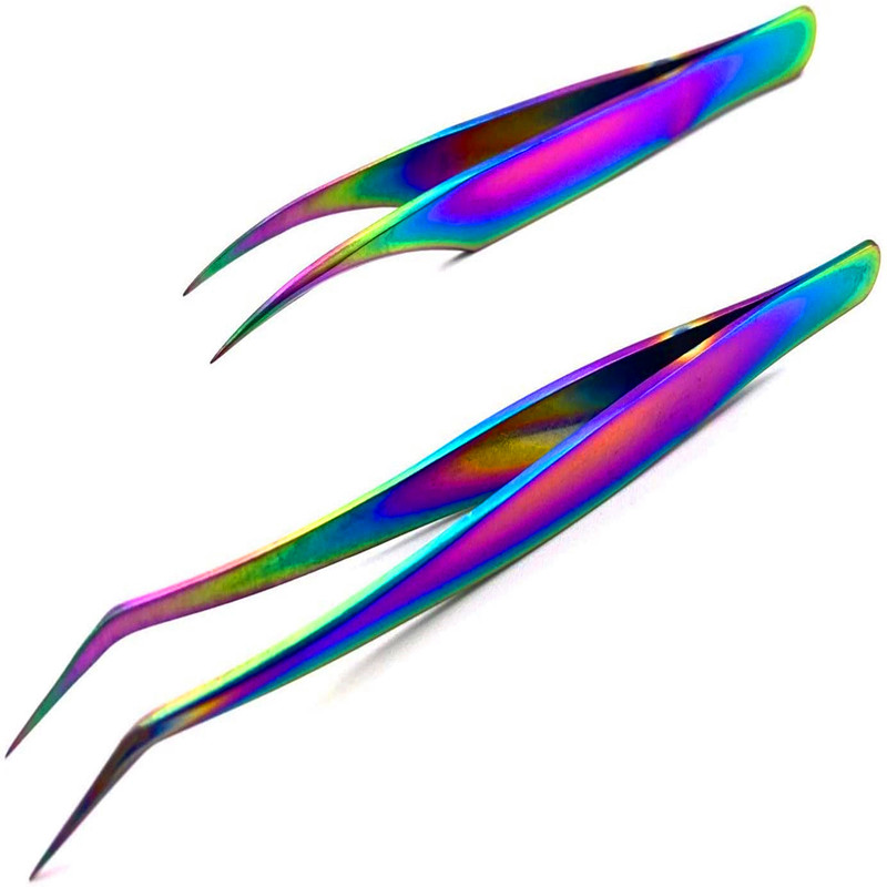 2 Bộ lông mi mở rộng Bộ nhíp, Thép không gỉ cầu vồng bề mặt đầy màu sắc 3D 4D 5D 6D Lông mi chuyên nghiệp Mở rộng Khối lượng Hình dạng cong Tweezer Pickers với hộp đựng aluminuim Ren