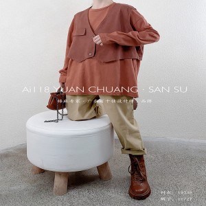 Thiết kế phù hợp Minimalst Round Coller style áo tay thòng lọng kiểu áo tắm màu đặc tự động bông vải và vải lanh cường hóa trang 19508 áo phông +