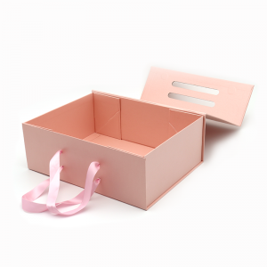 Logo tùy chỉnh In giấy gấp phẳng Gói quà tặng mỹ phẩm Bao bì Hộp từ tính màu hồng có tay cầm