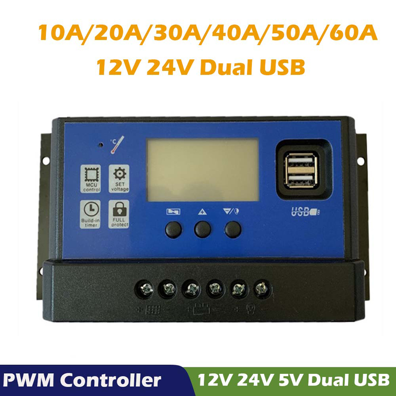 Bộ điều khiển sạcnăng lượng mặt trời PWM 60A 50A 40A 30A 20A 10A Bộ sạc pin 12V LCD Bộ điều khiển bảng điều khiểnnăng lượng mặt trời USB kép tối đa 50V PV đầu vào