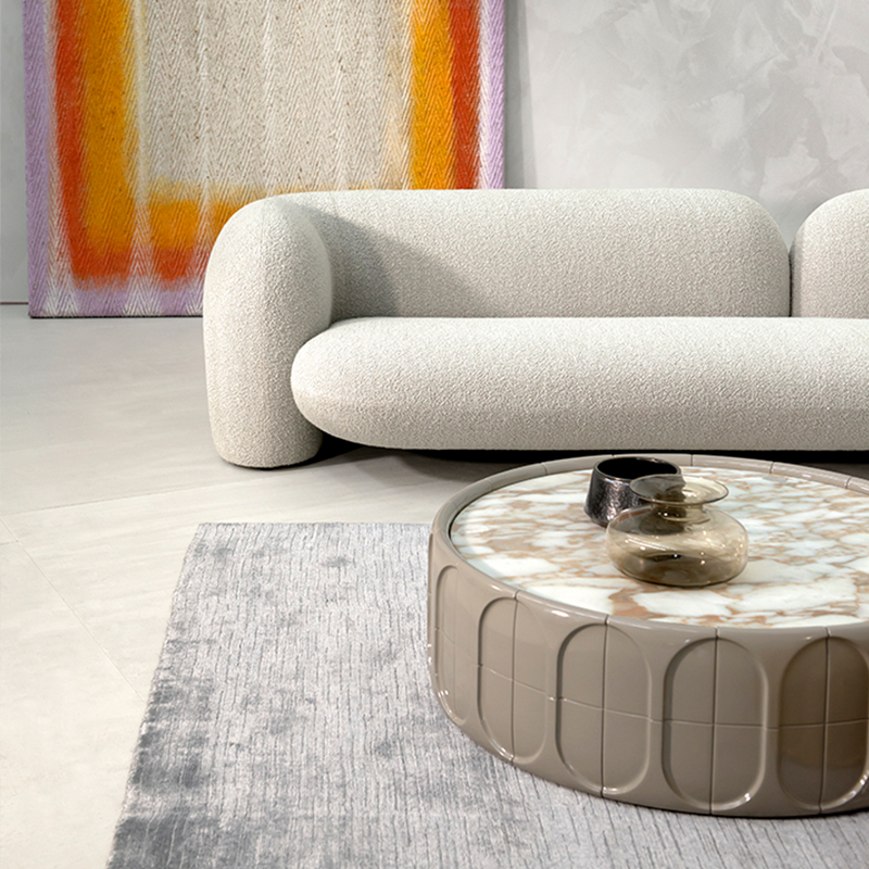 Cơ sở sợi thủy tinh màu xám tối giản hiện đại tròn tròn tựnhiên bằng đá cẩm thạch hàng đầu bàn cà phê Nội thất phòng khách