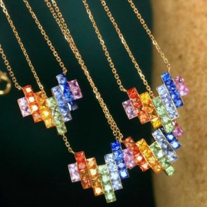 Đồ trang sức Tuochen Mới 18K Vàng Vàng đầy màu vàng Sapphire Rainbow Heart Vòng cổ