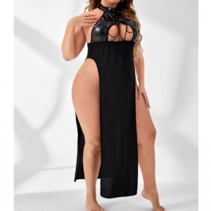 Sexy Cut Out Night áo choàng Pu khai thác cổ áo dài đêm với cà vạt phía trước
