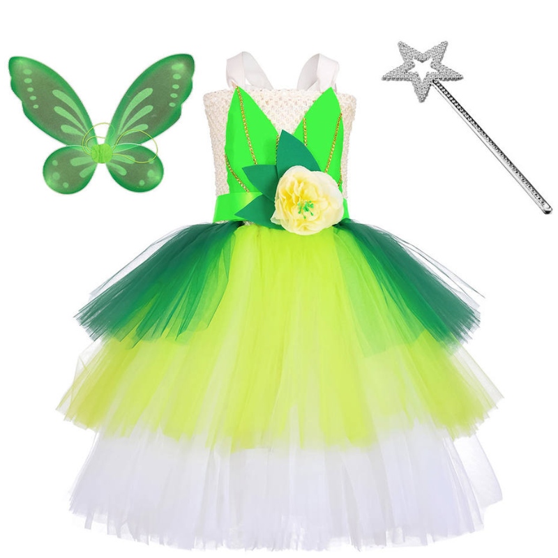 Halloween Cosplay Princess Baby Girls Party Green Flower Fairy Tinker Bell Dress Elf Trang phục với bộ cánh bướm