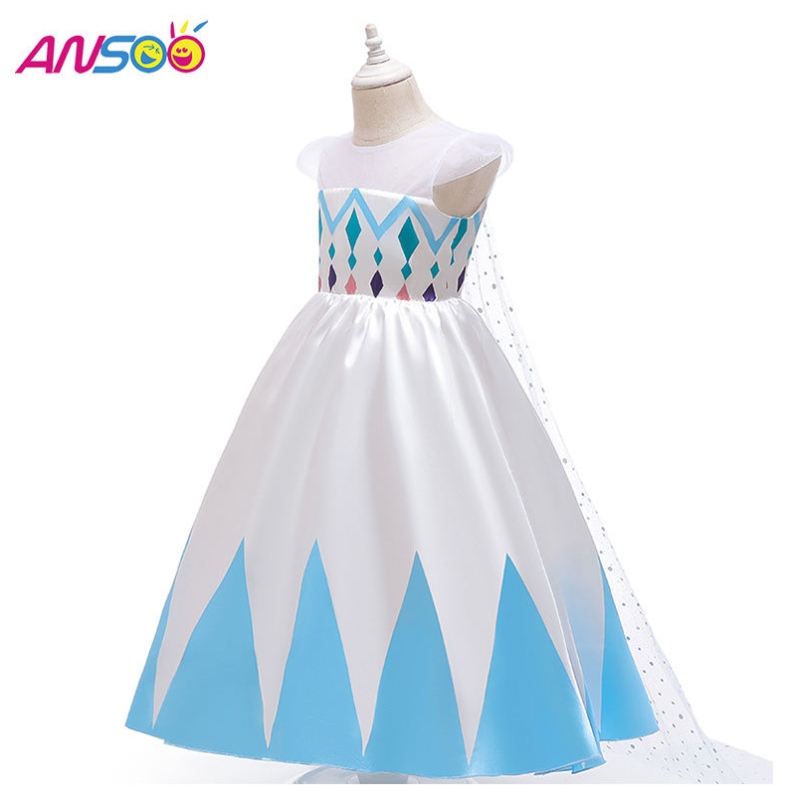 Ansoo New Wholesale Price Phim hoạt hình Elsa White Princess for Girls Dresses Trang phục Halloween cho các cô gái