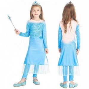 Princess Fancy Girls Long Dress Quần 2PCS ELSA Váy cosplay với phụ kiện HCGD-021