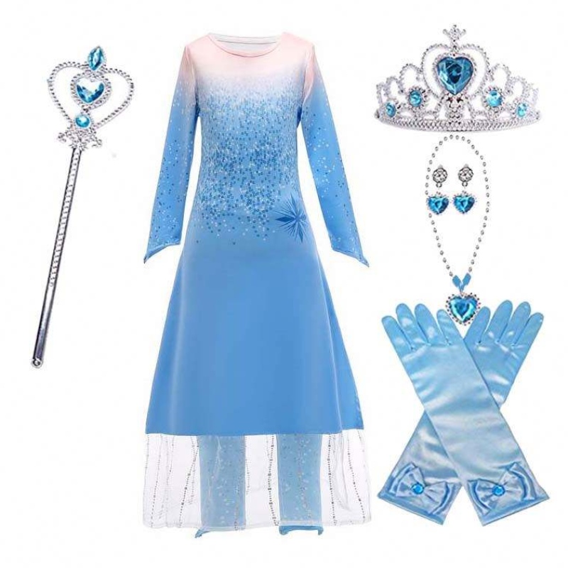Princess Fancy Girls Long Dress Quần 2PCS ELSA Váy cosplay với phụ kiện HCGD-021