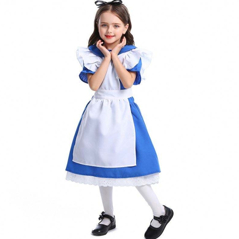 Girls Halloween Ruffle Trim Tie eo Blue Alice trong Wonderland Cosplay Kids With White Apron 4-12năm DGHC-070