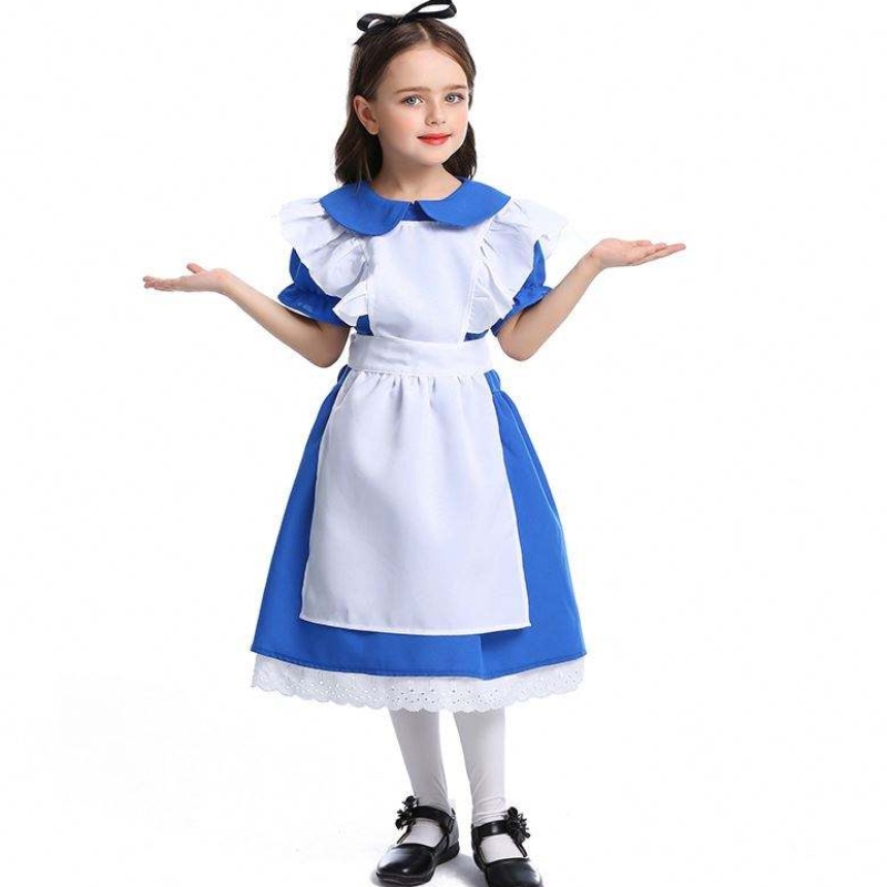 Girls Halloween Ruffle Trim Tie eo Blue Alice trong Wonderland Cosplay Kids With White Apron 4-12năm DGHC-070