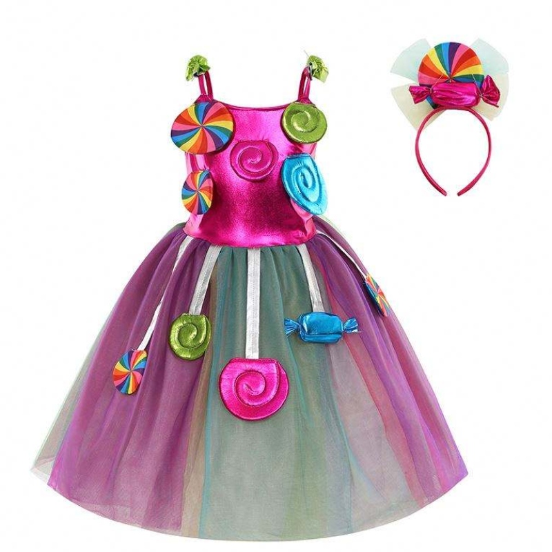 Girls Birthday Pagete Dress Up Rainbow Tulle Dresses Candyland Trang phục với headband DGHC-081
