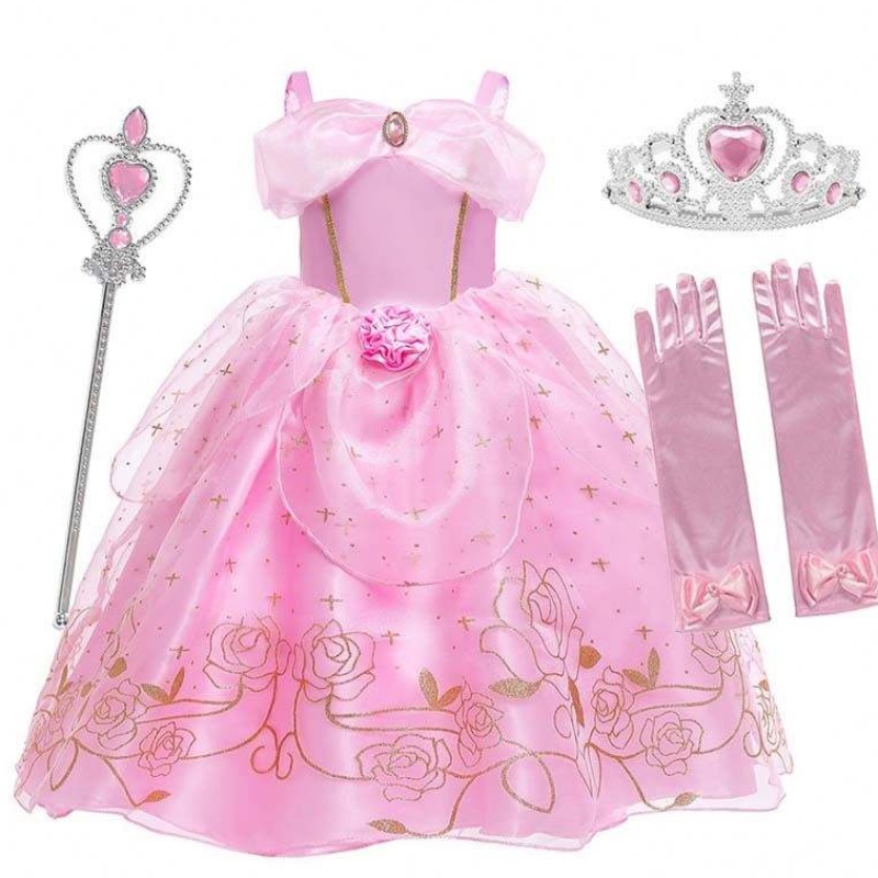 Kid Princess Dress Girl Summer Quần áo tiệc tùng màu hồng Công chúa Aurora Trang phục HCSP-012
