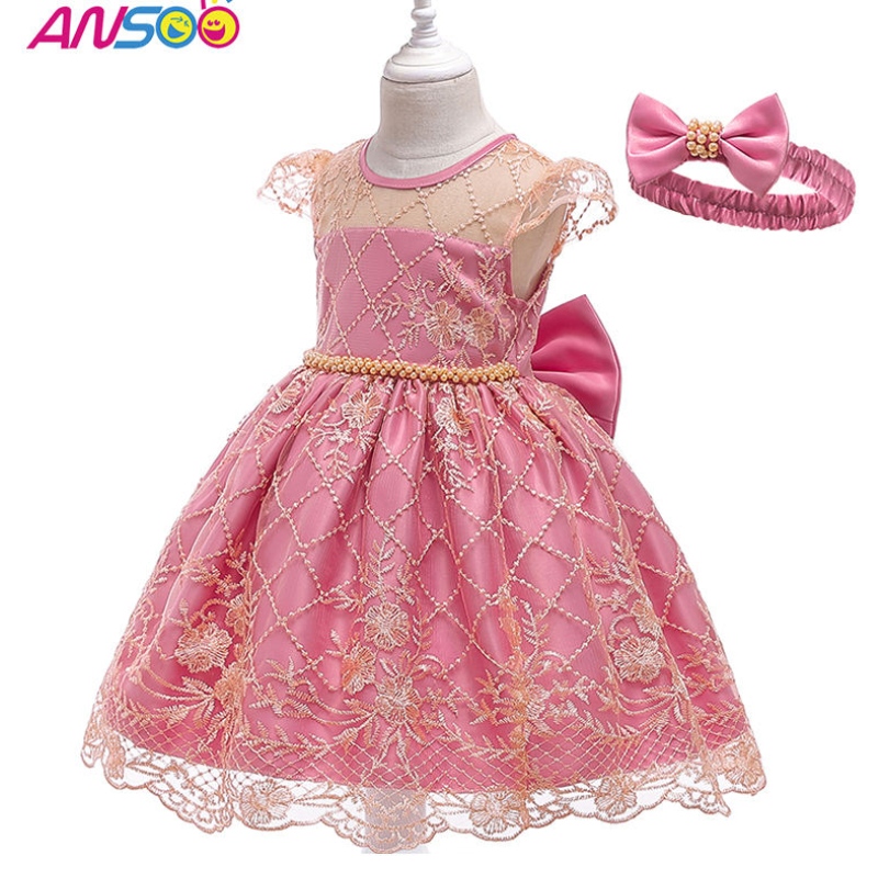 Ansoo Prime Princess Girls Flower Wedding Váy tổ chức váy sinhnhật biểu diễn cao quý với chiếcnơ lớn