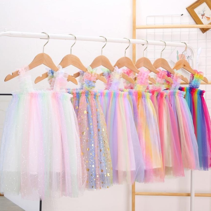 Công chúa trẻ em bé gái mùa hè Tutu Dress Dây đeo tay không tay sao Mesh Chiều dài đầu gối Sundress 1-6 tuổi cho bữa tiệc sinhnhật