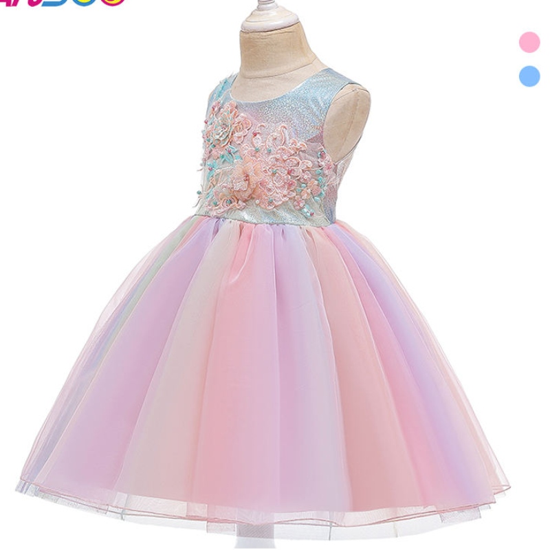 Ansoo Summer Flower Kids Dress Fluffy cho Girls 2 Màu sắc bé gái Bữa tiệc Tutu Pink Dress Wedding Princess