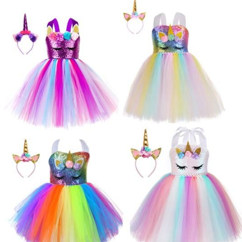 Kid trẻ mới biết đi Ball Ball Ball Party Cosplay Trang phục LED LIGHT Rainbow Unicorn Fluffy Layered Tulle Tutu Dress với băng đô