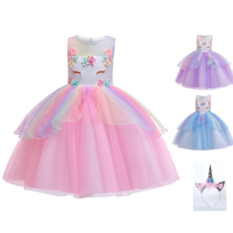 Hiệu suất mặc quần áo kỳ lân cho bé gái Rainbow Unicorn Tutu Trang phục trang phục với món quà sinhnhật băng đô