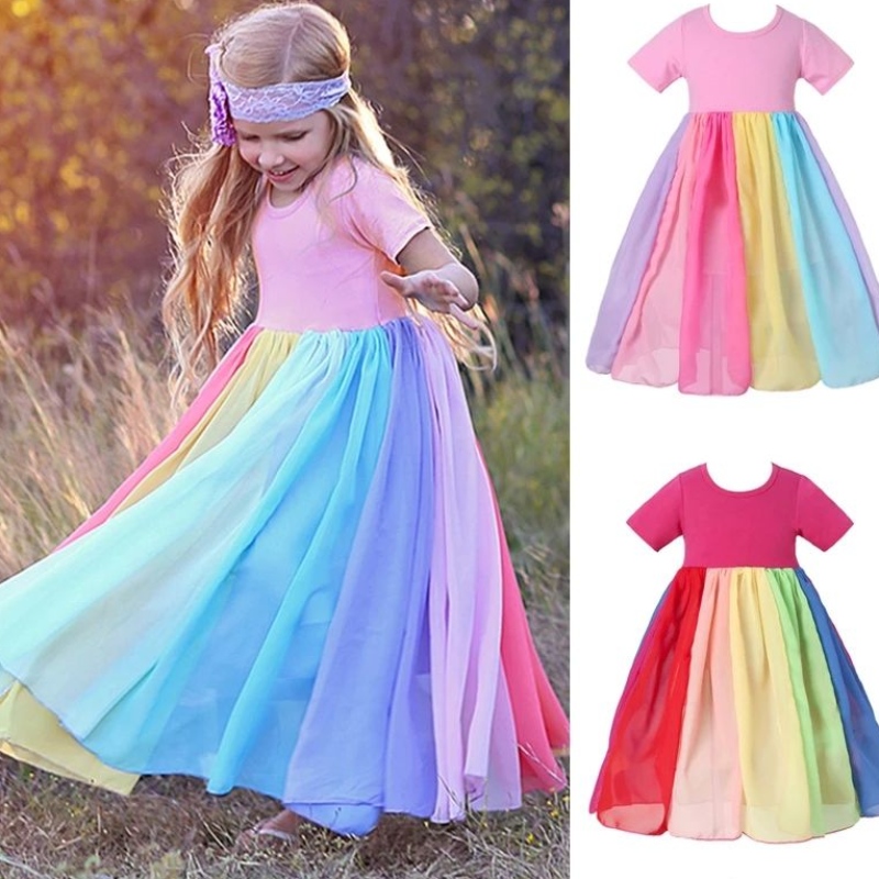 Little Girls Mesh Váy Tulle Spring Summer Rainbow Bãi biển Princess Dress Trẻ em Trẻ emngắn tay áo lót Tiệc tùng