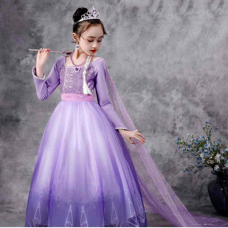 Baige Snow Queen Queen Tím ELSA Váy Giáng sinh Halloween Anna Trang phục Girls Cô gái dài tay thêu váy sequined