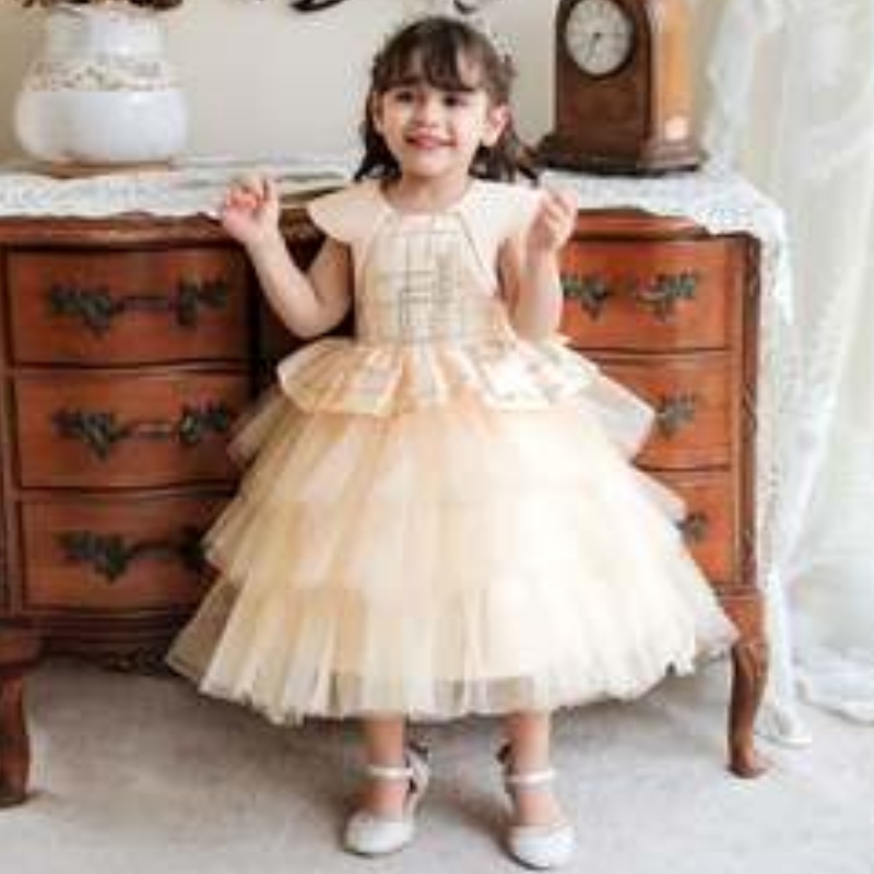 Baige Hot Sale Design Design Girl Buổi tối Frock Baby Girl Dress Party Wear Whitenhiều lớp công chúa đáng yêu