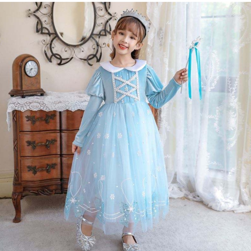 BX1763 MỚI MỚI Tay áo dài Anna Elsa Princess Dress Halloween Cosplay Cosplent Trang phục trẻ em váy cô gái