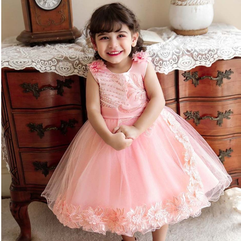 Baige Amazon Hot Bán trẻ sơ sinh Cô gái Pink Dress Flower Girl Birthday Party Dress N2111