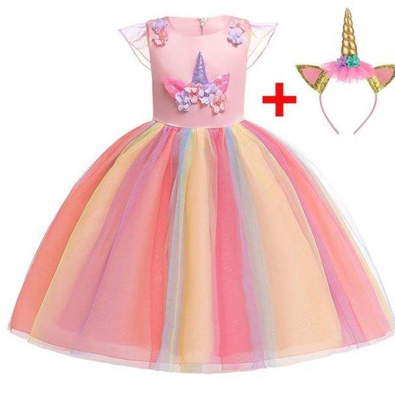 Baige chất lượng cao Ruffles Unicorn Baby Dress Kids Kids Người mẫu xinh xắn Trang phục trẻ em Quần áo DJS003