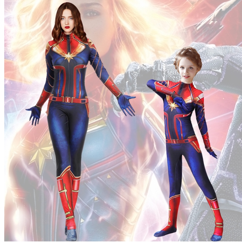 Captain Marvel anh hùng phù hợp với trẻ em cho thấy trang phục cosplay giai đoạn jumpsuit